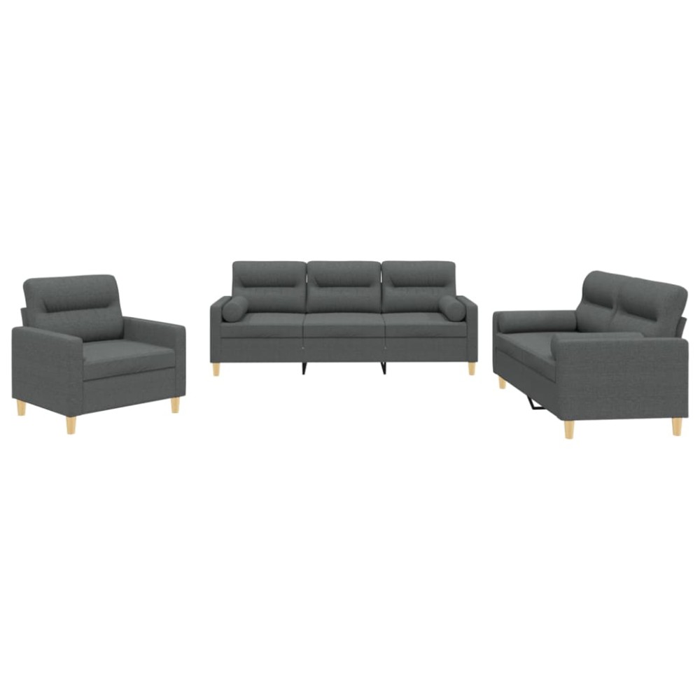 vidaXL Set de canapele cu perne, 3 piese, gri închis, textil