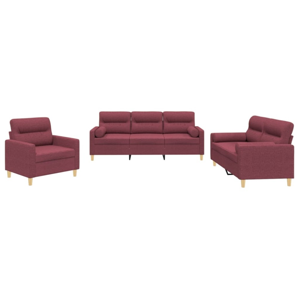 vidaXL Set canapea cu perne, 3 piese, roșu vin, material textil