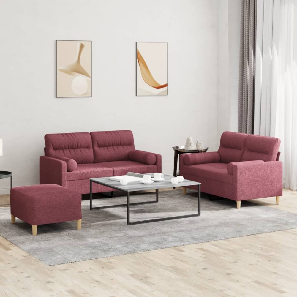 vidaXL Set canapea cu perne, 3 piese, roșu vin, material textil