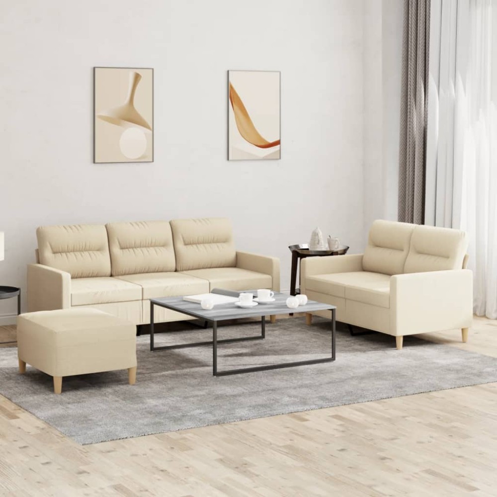 vidaXL Set de canapele cu perne, 3 piese, crem, textil