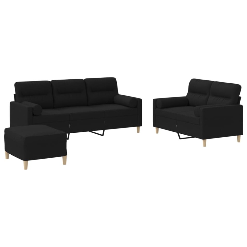 vidaXL Set de canapele cu perne, 3 piese, negru, textil