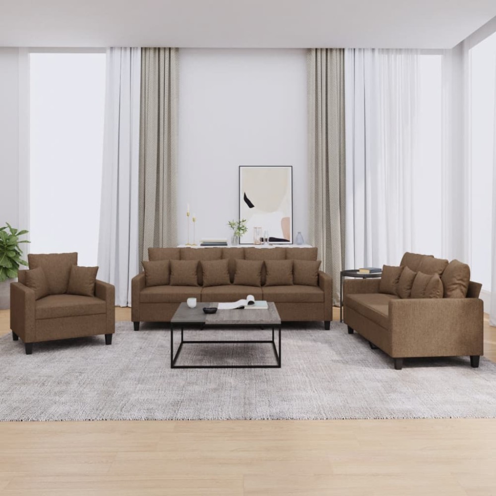 vidaXL Set de canapele cu perne, 3 piese, maro, textil