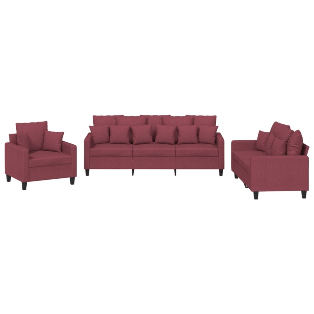vidaXL Set canapea cu perne, 3 piese, roșu vin, material textil