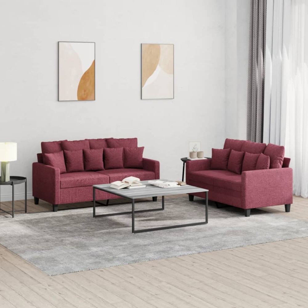 vidaXL Set canapea cu perne, 2 piese, roșu vin, material textil