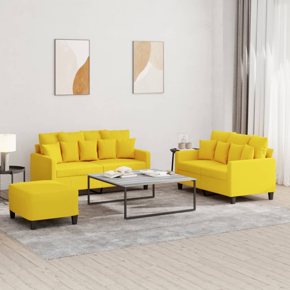 vidaXL Set de canapele cu perne, 3 piese, galben deschis, textil