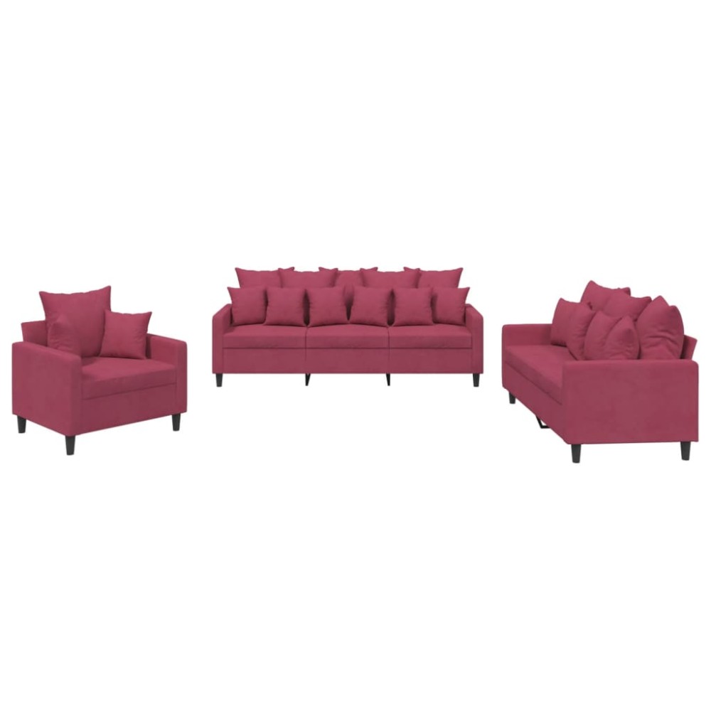 vidaXL Set canapea cu perne, 3 piese, roșu vin, catifea