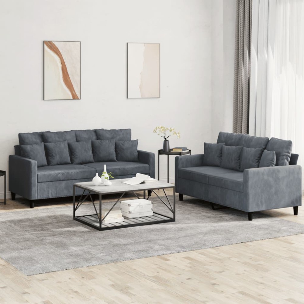 vidaXL Set de canapele cu perne, 2 piese, gri închis, catifea