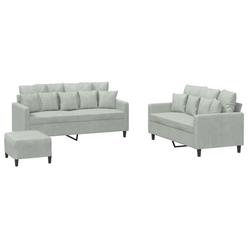 vidaXL Set de canapele cu perne, 3 piese, gri deschis, catifea