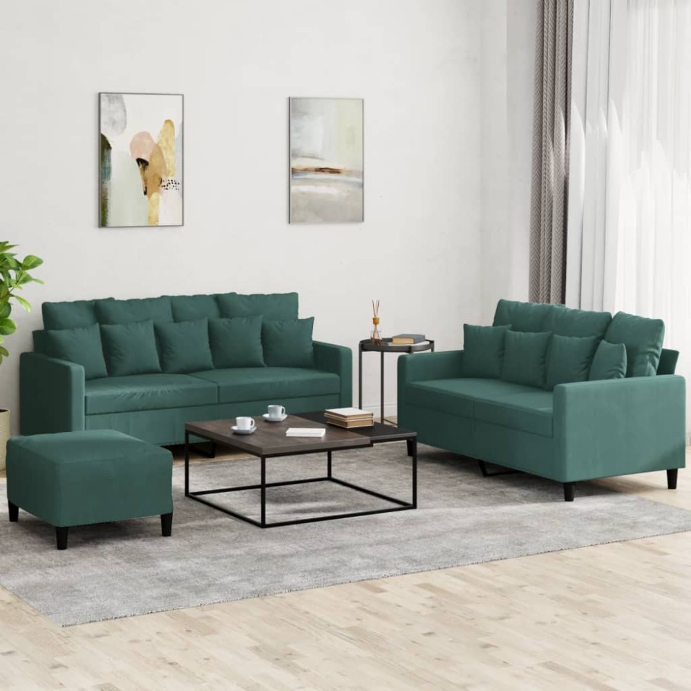vidaXL Set de canapele cu perne, 3 piese, verde închis, catifea