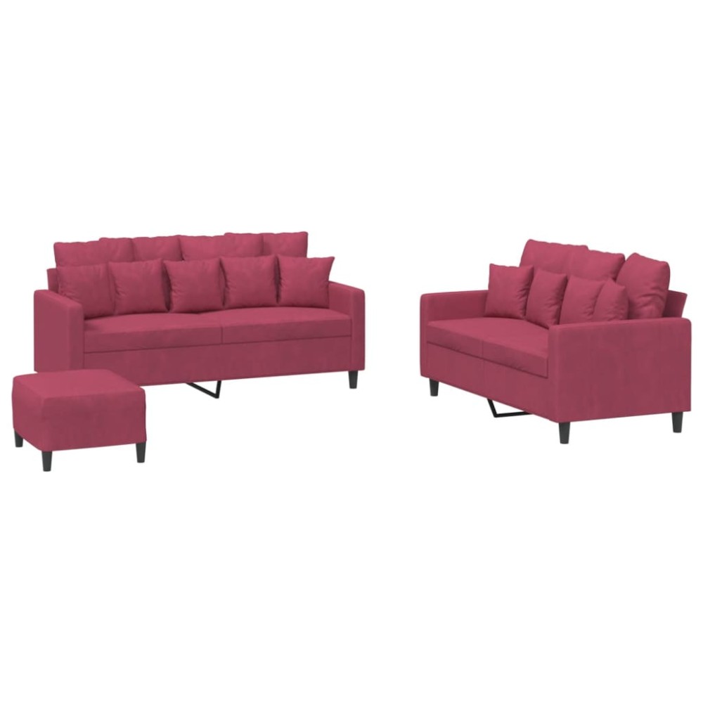 vidaXL Set canapea cu perne, 3 piese, roșu vin, catifea