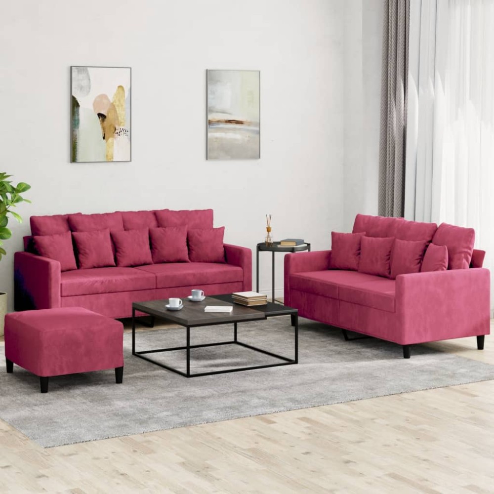 vidaXL Set canapea cu perne, 3 piese, roșu vin, catifea