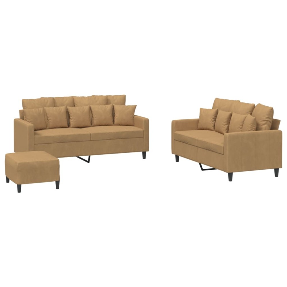 vidaXL Set de canapele cu perne, 3 piese, maro, catifea