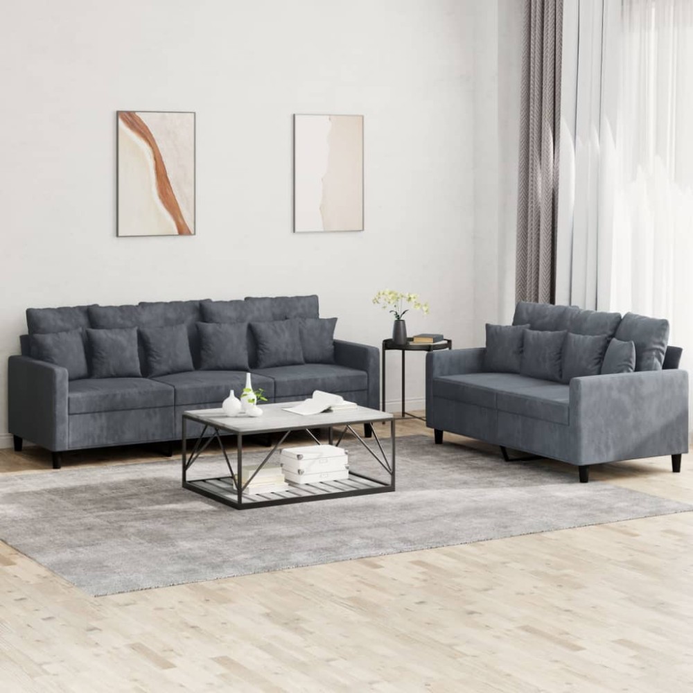 vidaXL Set de canapele cu perne, 2 piese, gri închis, catifea