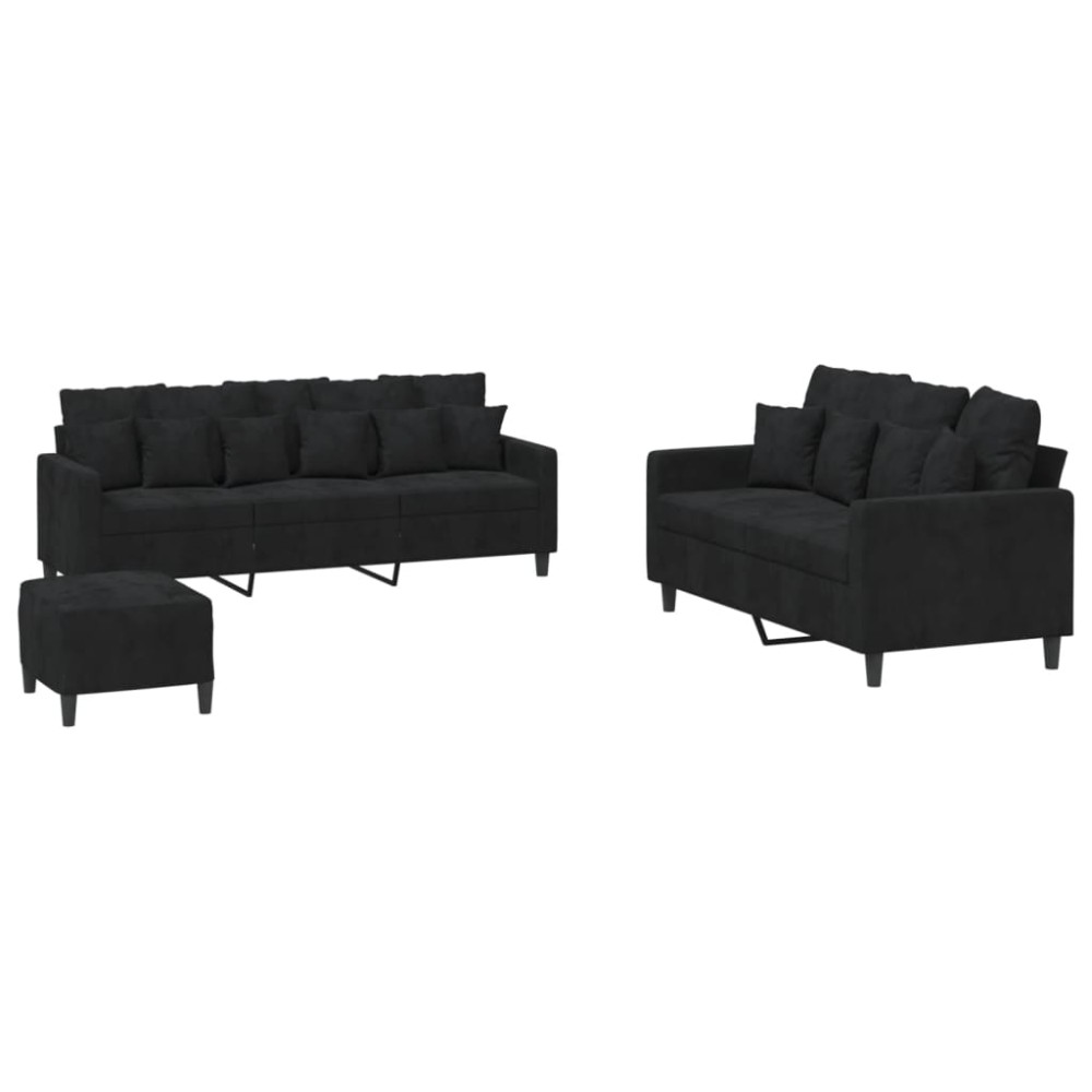 vidaXL Set de canapele cu perne, 3 piese, negru, catifea