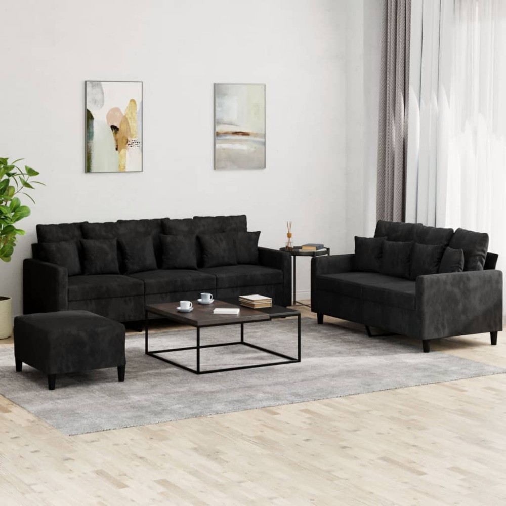 vidaXL Set de canapele cu perne, 3 piese, negru, catifea