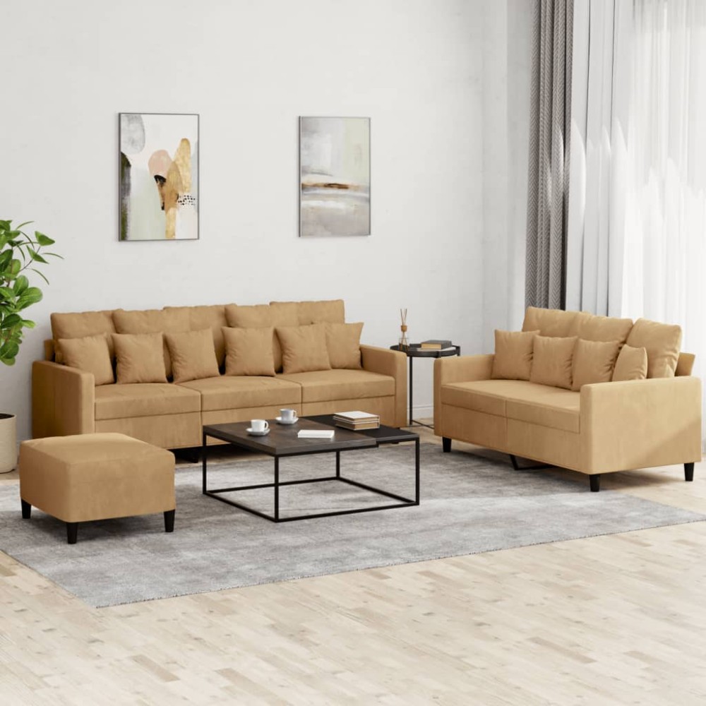 vidaXL Set de canapele cu perne, 3 piese, maro, catifea