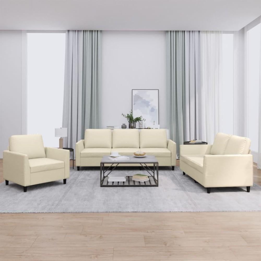 vidaXL Set de canapele cu perne, 3 piese, crem, piele ecologică