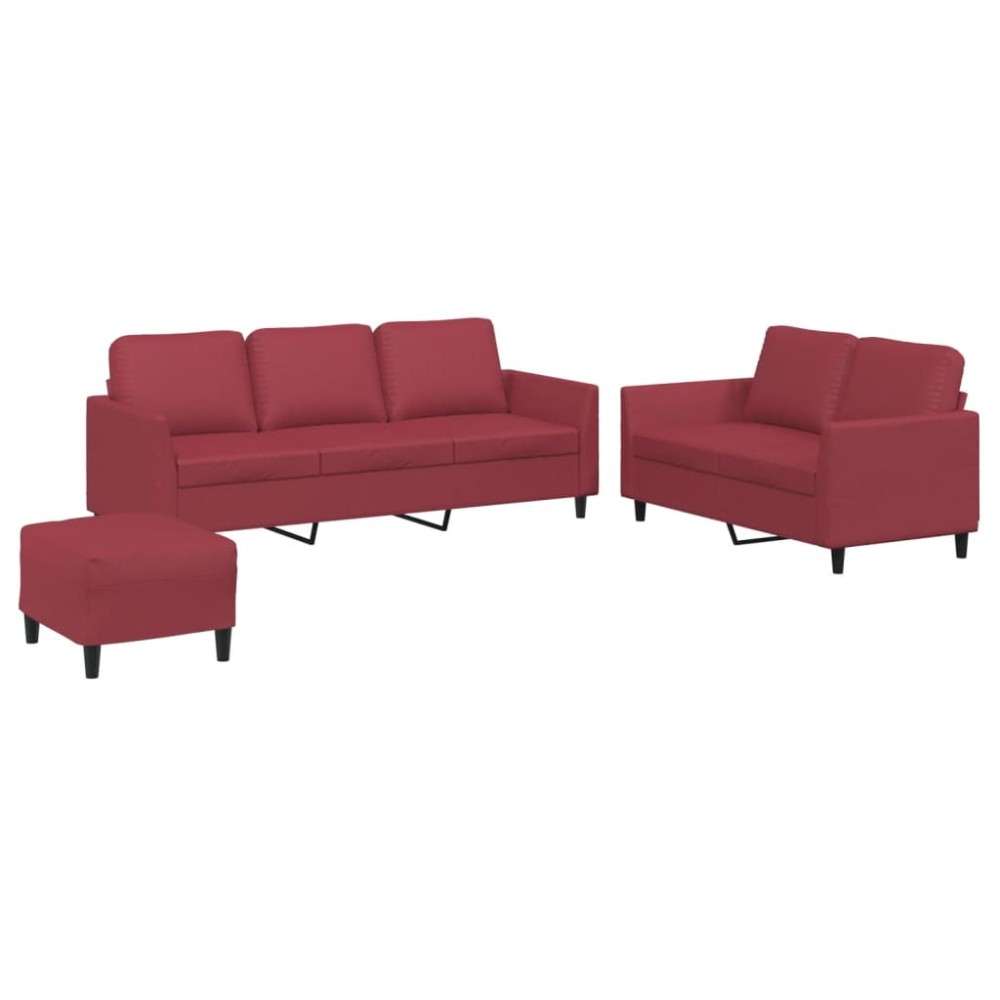 vidaXL Set de canapele cu perne, 3 piese, roșu vin, piele ecologică
