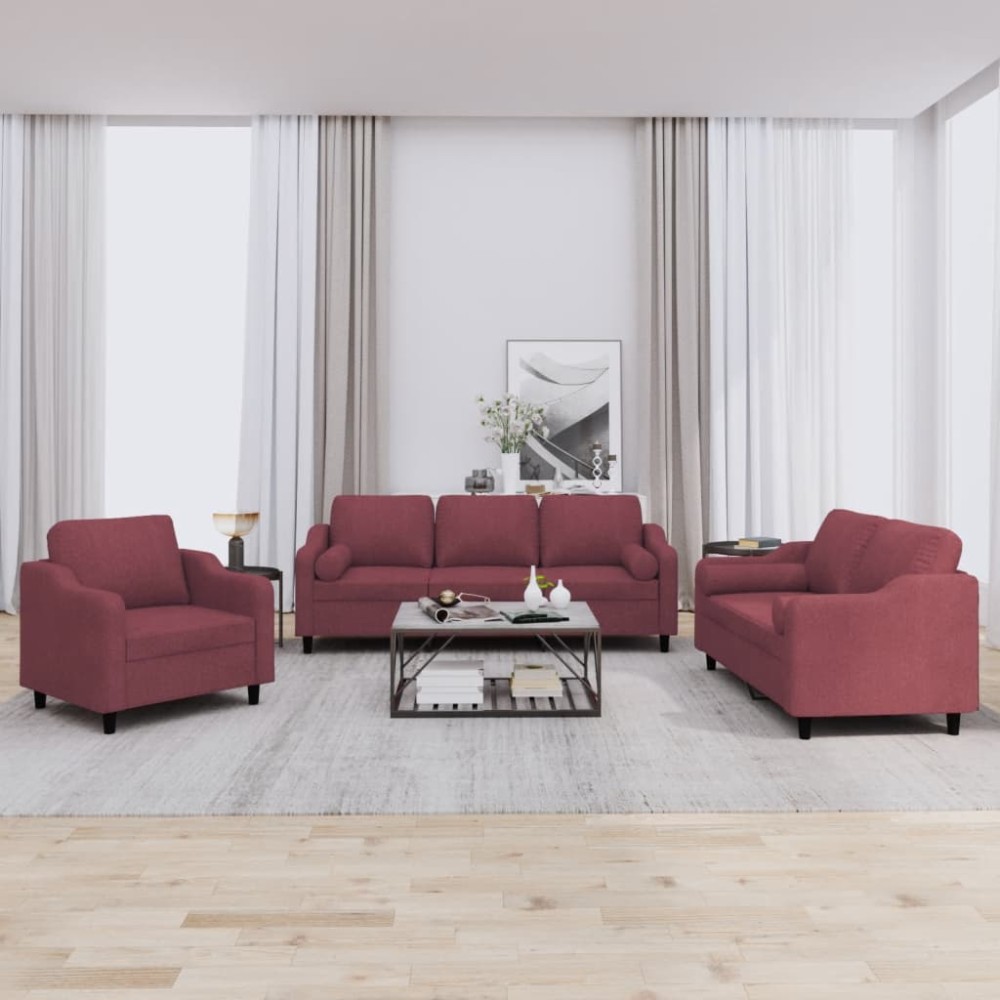vidaXL Set canapea cu perne, 3 piese, roșu vin, material textil