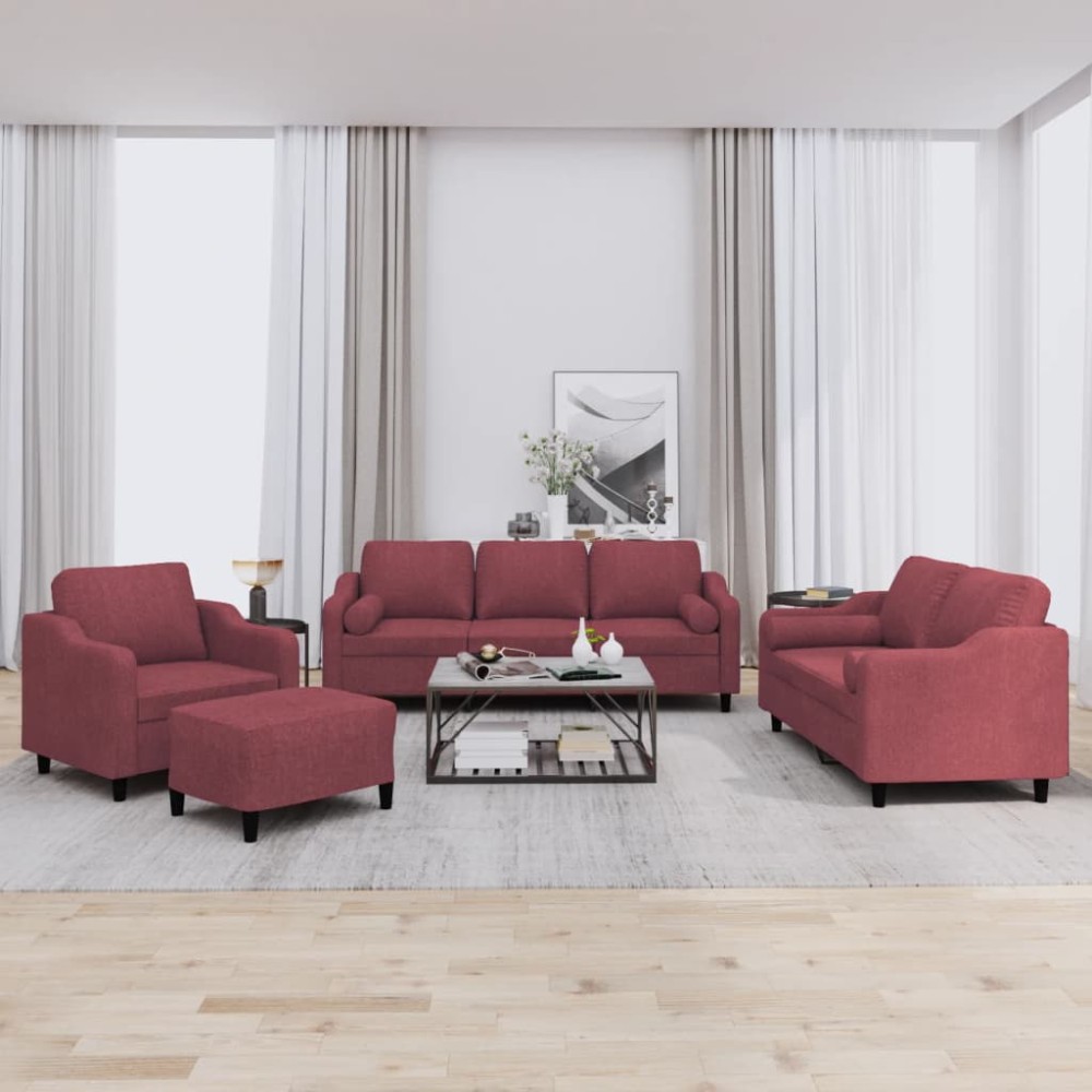 vidaXL Set canapea cu perne, 4 piese, roșu vin, material textil