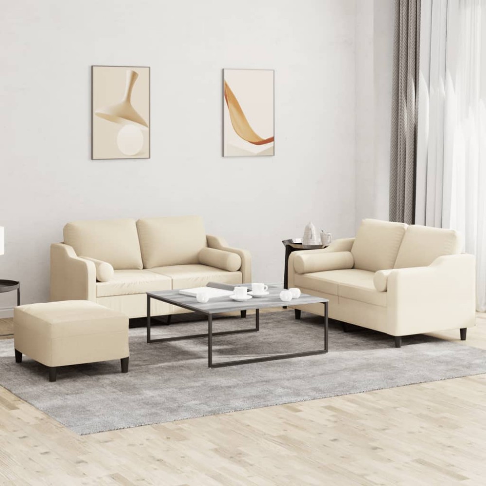 vidaXL Set de canapele cu perne, 3 piese, crem, textil