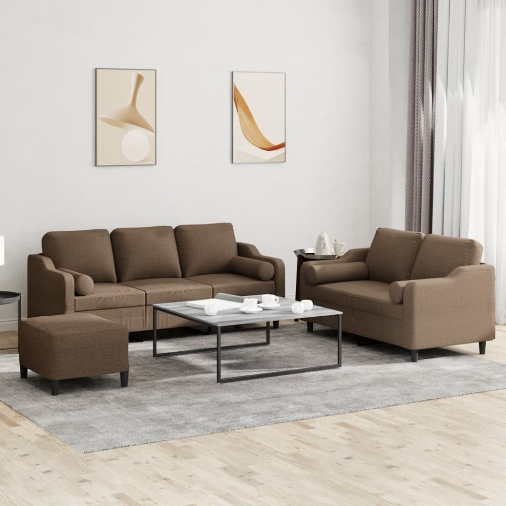 vidaXL Set de canapele cu perne, 3 piese, maro, textil