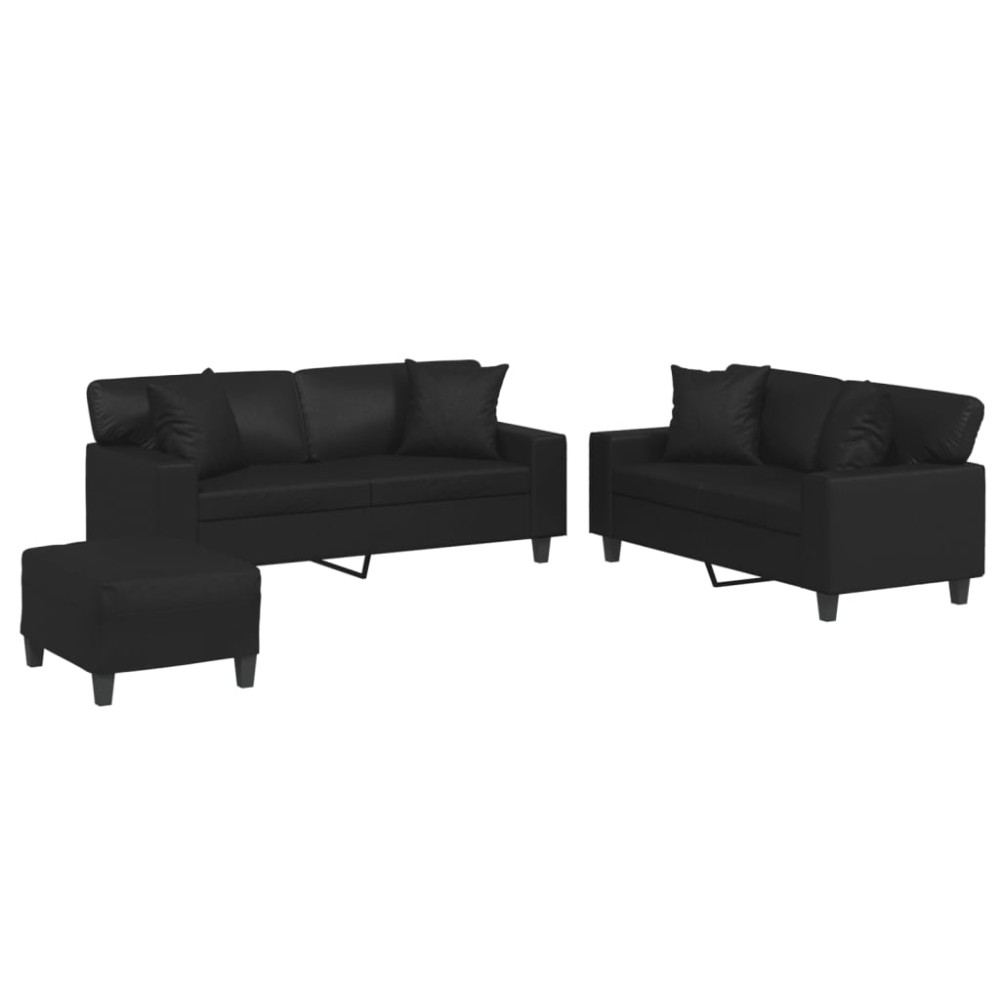 vidaXL Set de canapele cu perne, 3 piese, negru, piele ecologică