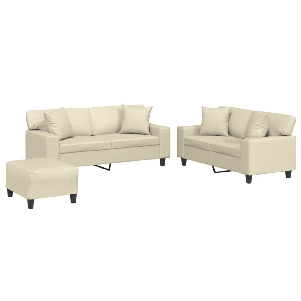 vidaXL Set de canapele cu perne, 3 piese, crem, piele ecologică