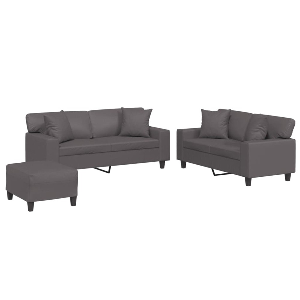 vidaXL Set de canapele cu perne, 3 piese, gri, piele ecologică