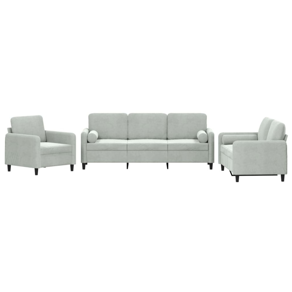 vidaXL Set de canapele, 3 piese, cu perne, gri deschis, catifea