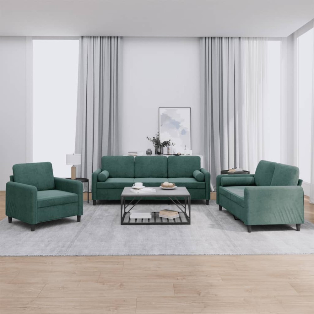 vidaXL Set canapea cu perne, 3 piese, verde închis, catifea