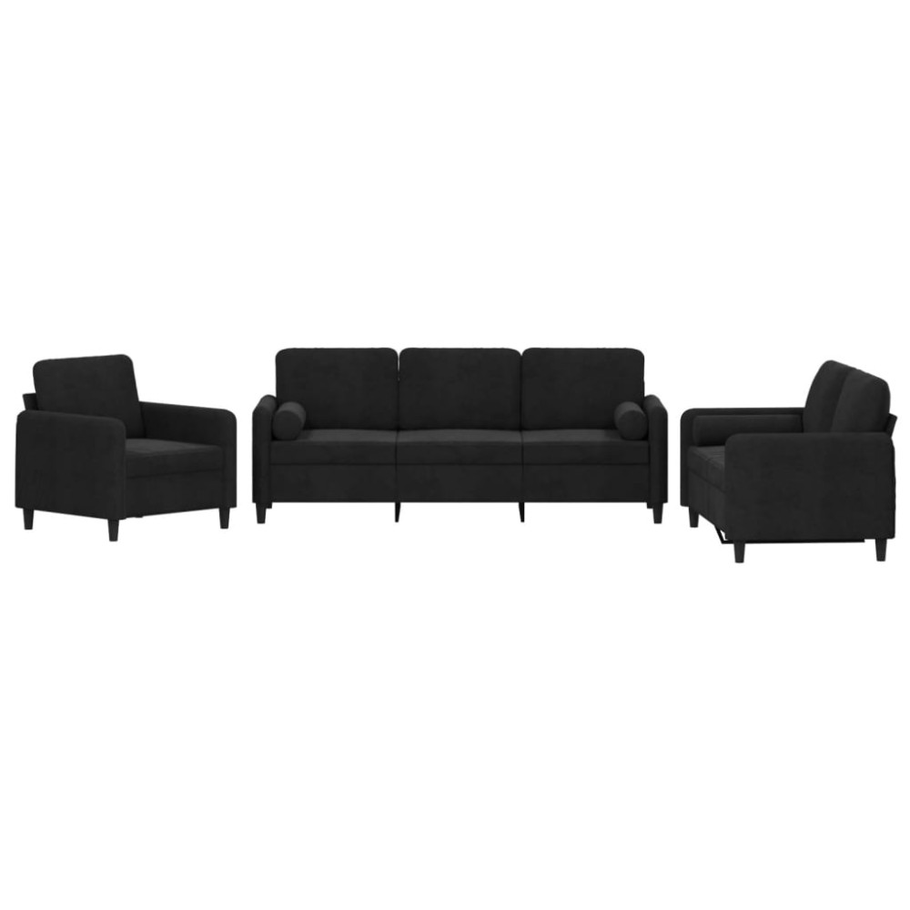 vidaXL Set de canapele cu perne, 3 piese, negru, catifea