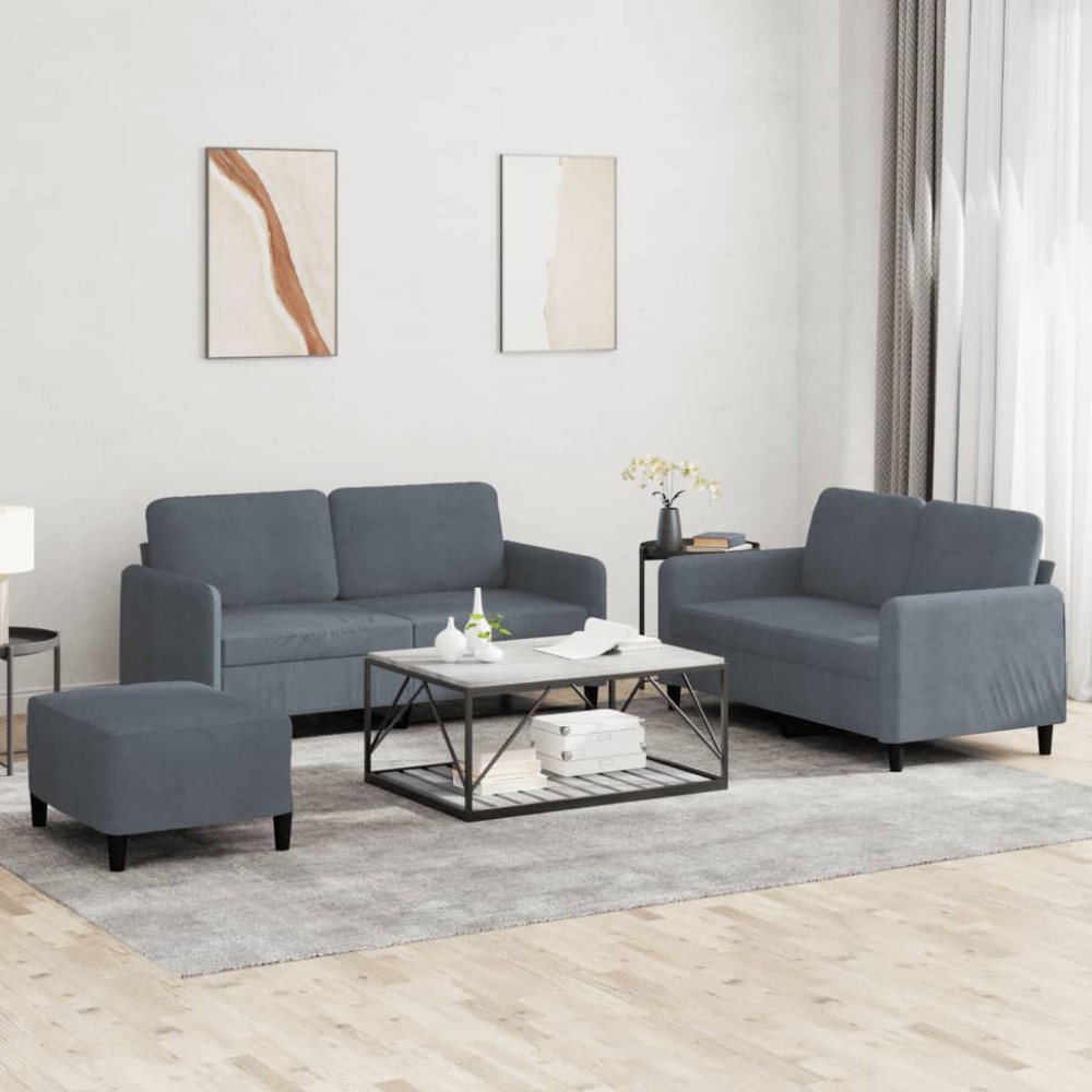 vidaXL Set de canapele, 3 piese, gri închis, catifea