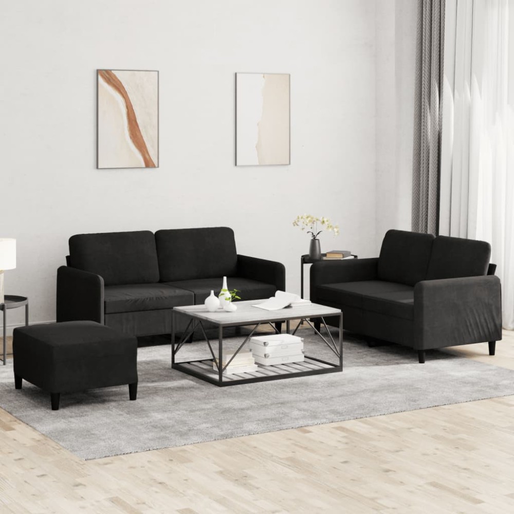 vidaXL Set de canapele, 3 piese, negru, catifea
