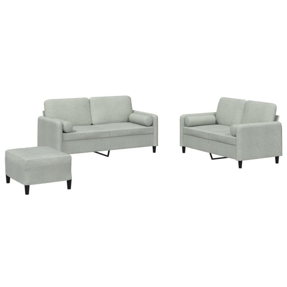 vidaXL Set de canapele, 3 piese, cu perne, gri deschis, catifea