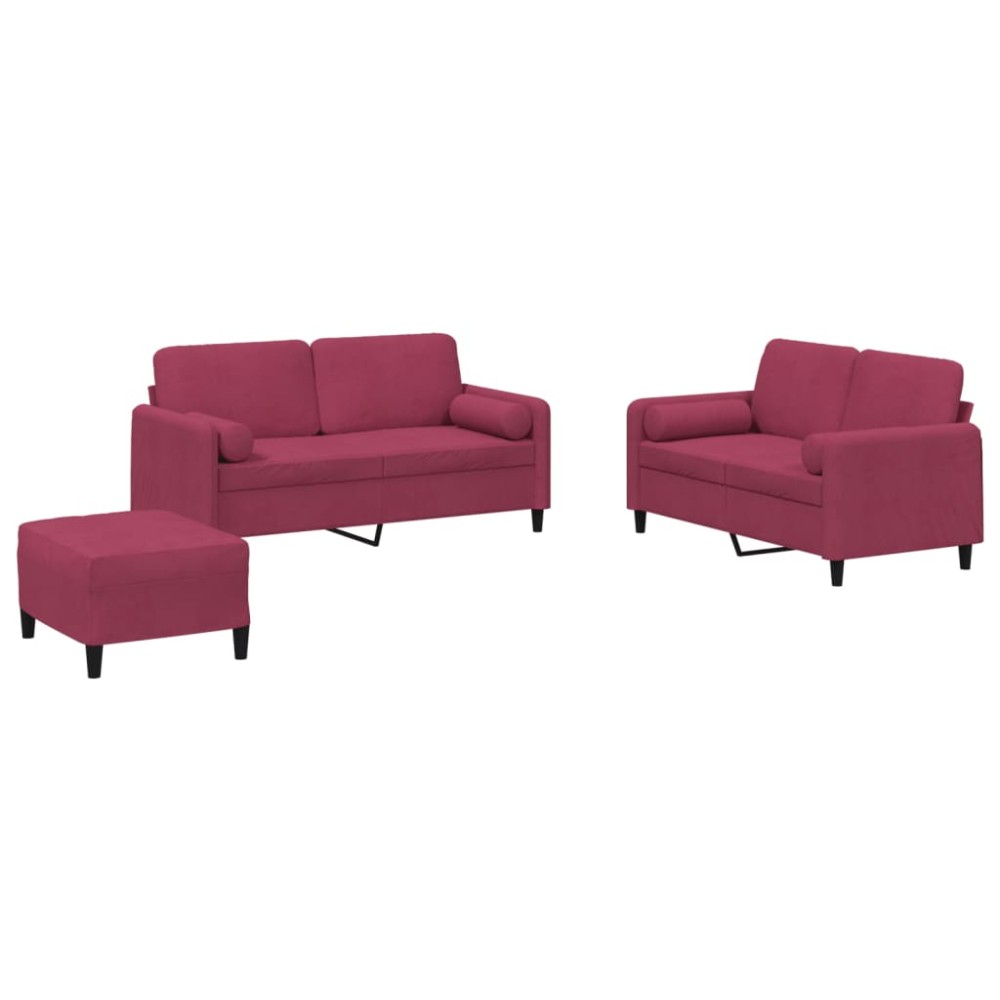 vidaXL Set canapele cu perne, 3 piese, roșu vin, catifea
