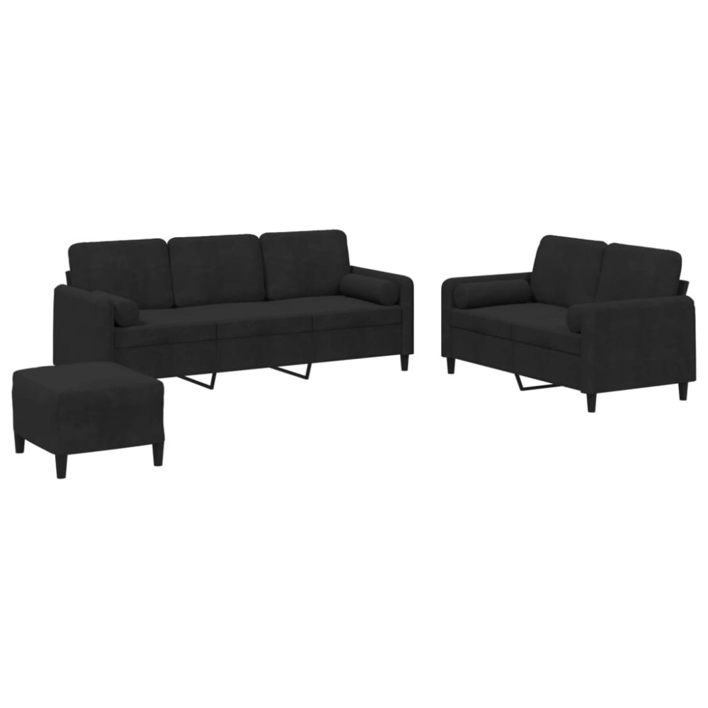 vidaXL Set de canapele cu perne, 3 piese, negru, catifea