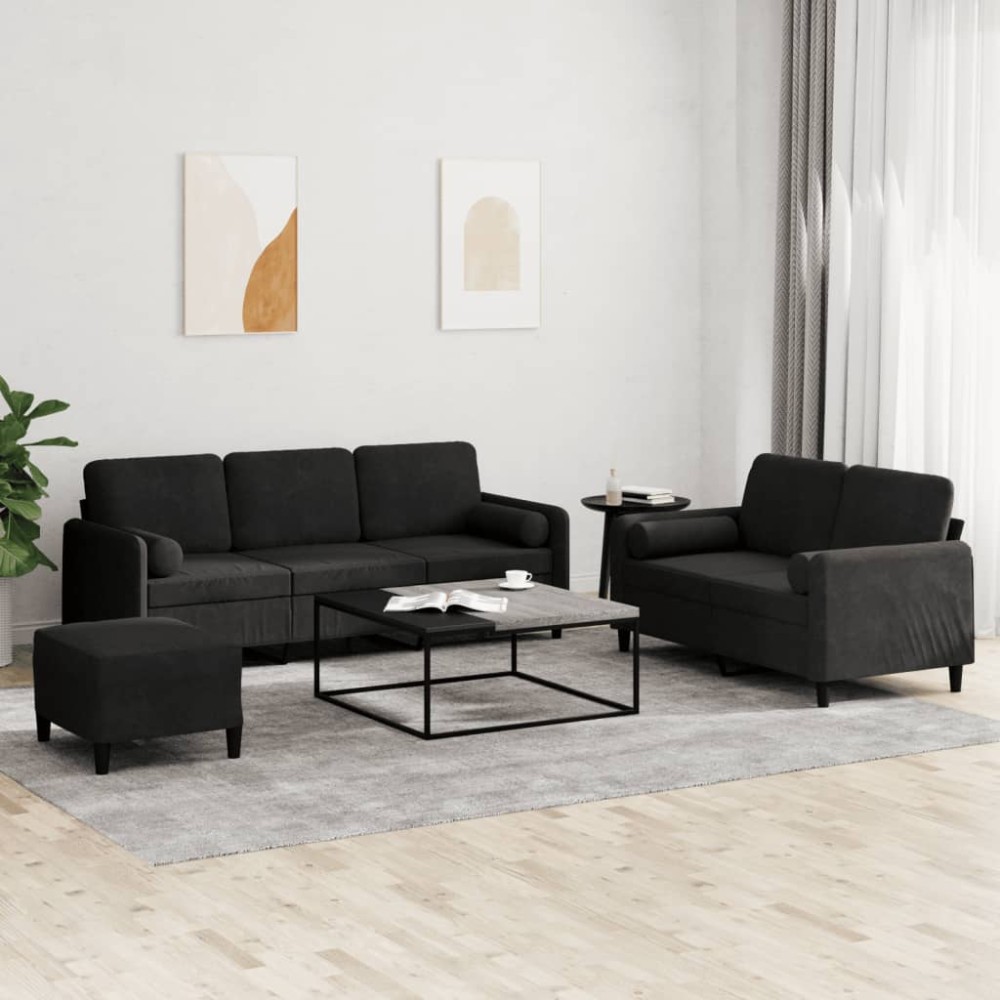 vidaXL Set de canapele cu perne, 3 piese, negru, catifea