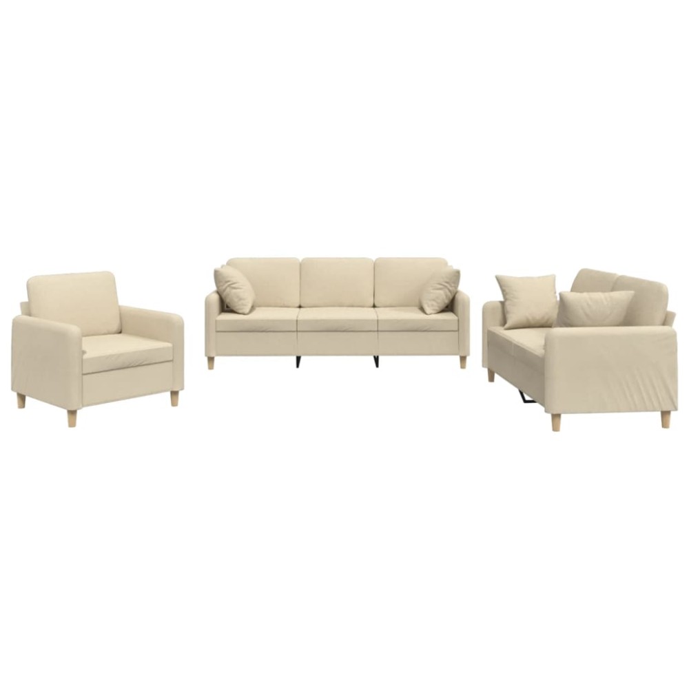 vidaXL Set de canapele cu perne, 3 piese, crem, textil