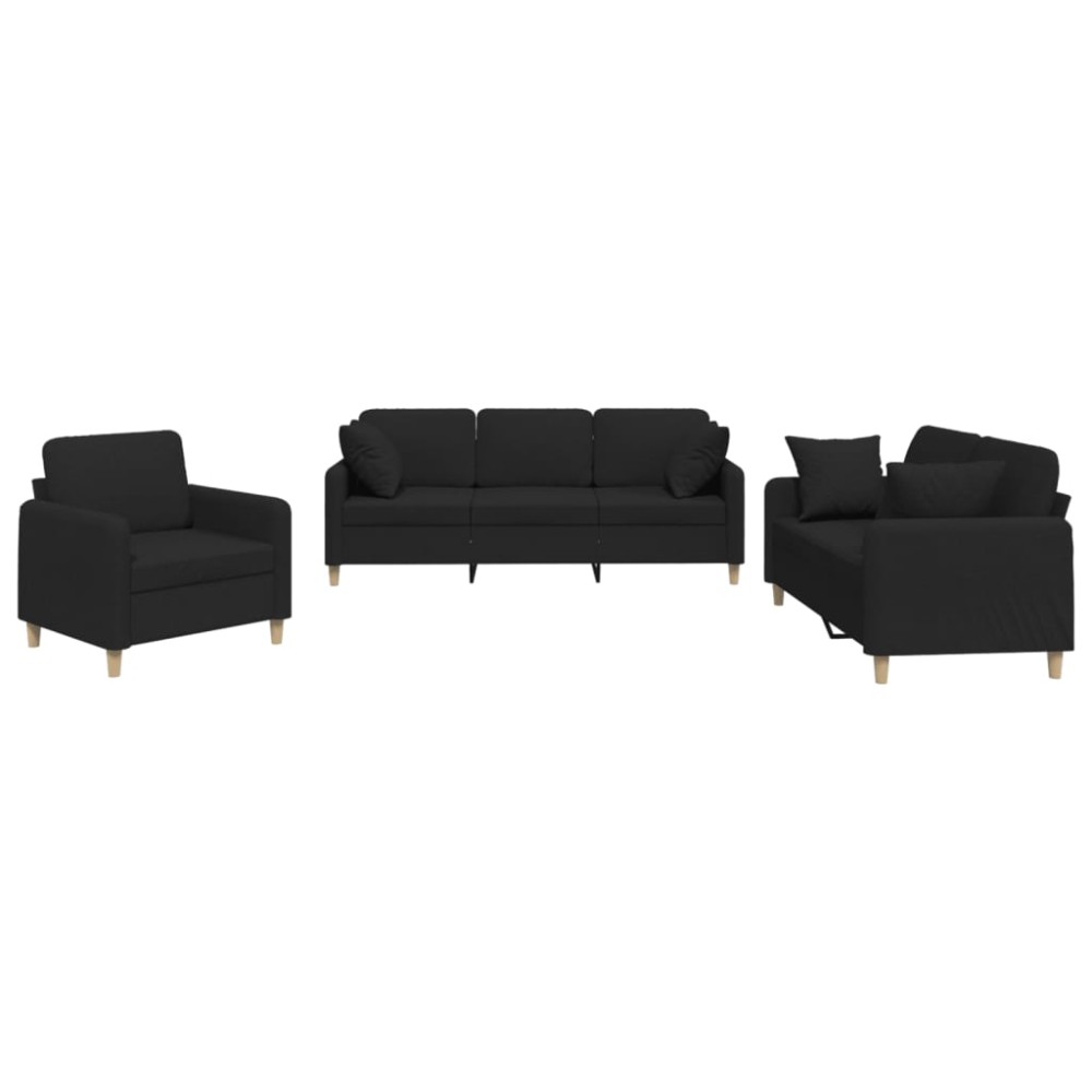 vidaXL Set de canapele cu perne, 3 piese, negru, textil