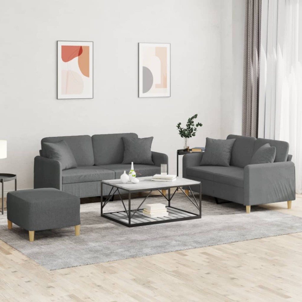 vidaXL Set de canapele cu perne, 3 piese, gri închis, textil