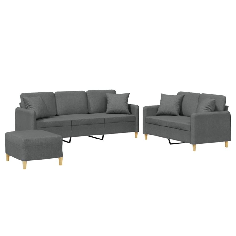vidaXL Set de canapele cu perne, 3 piese, gri închis, textil