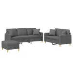 vidaXL Set de canapele cu perne, 3 piese, gri închis, textil