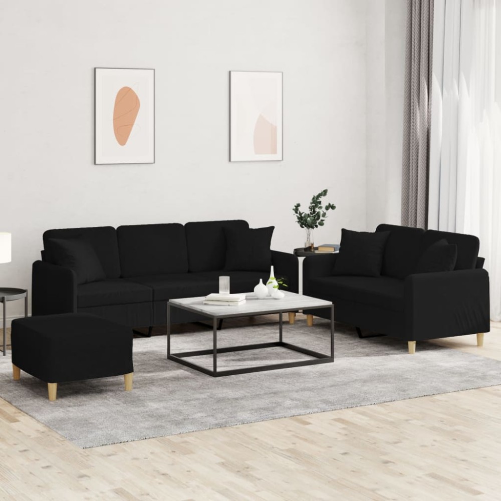 vidaXL Set de canapele cu perne, 3 piese, negru, textil