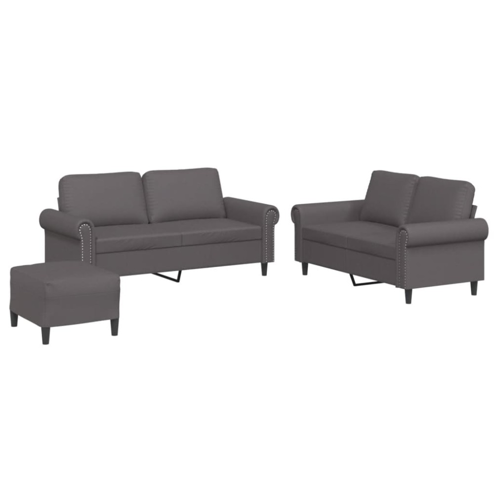 vidaXL Set de canapele cu perne, 3 piese, gri, piele ecologică