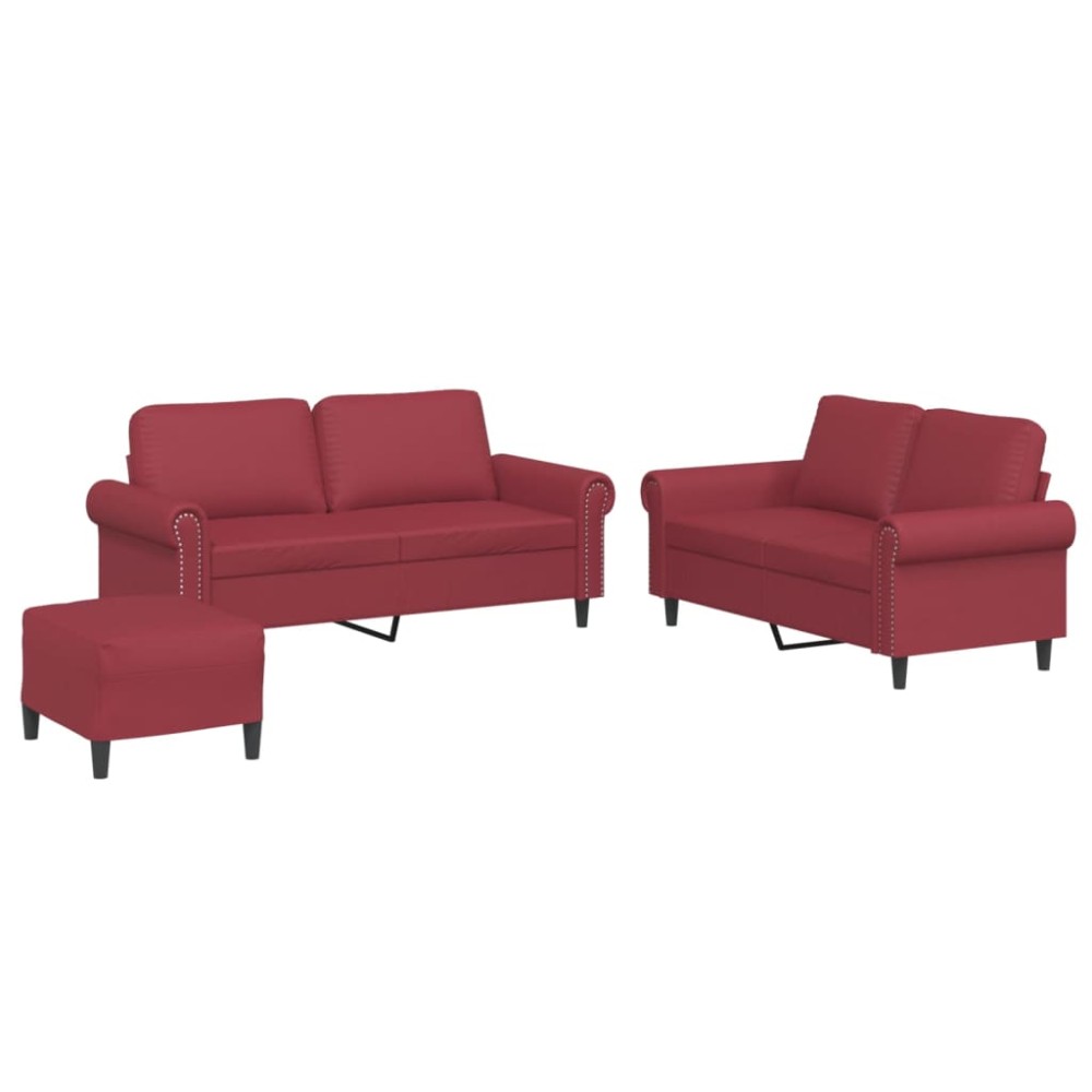 vidaXL Set de canapele cu perne, 3 piese, roșu vin, piele ecologică