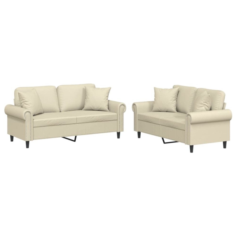 vidaXL Set de canapele cu perne, 2 piese, crem, piele ecologică