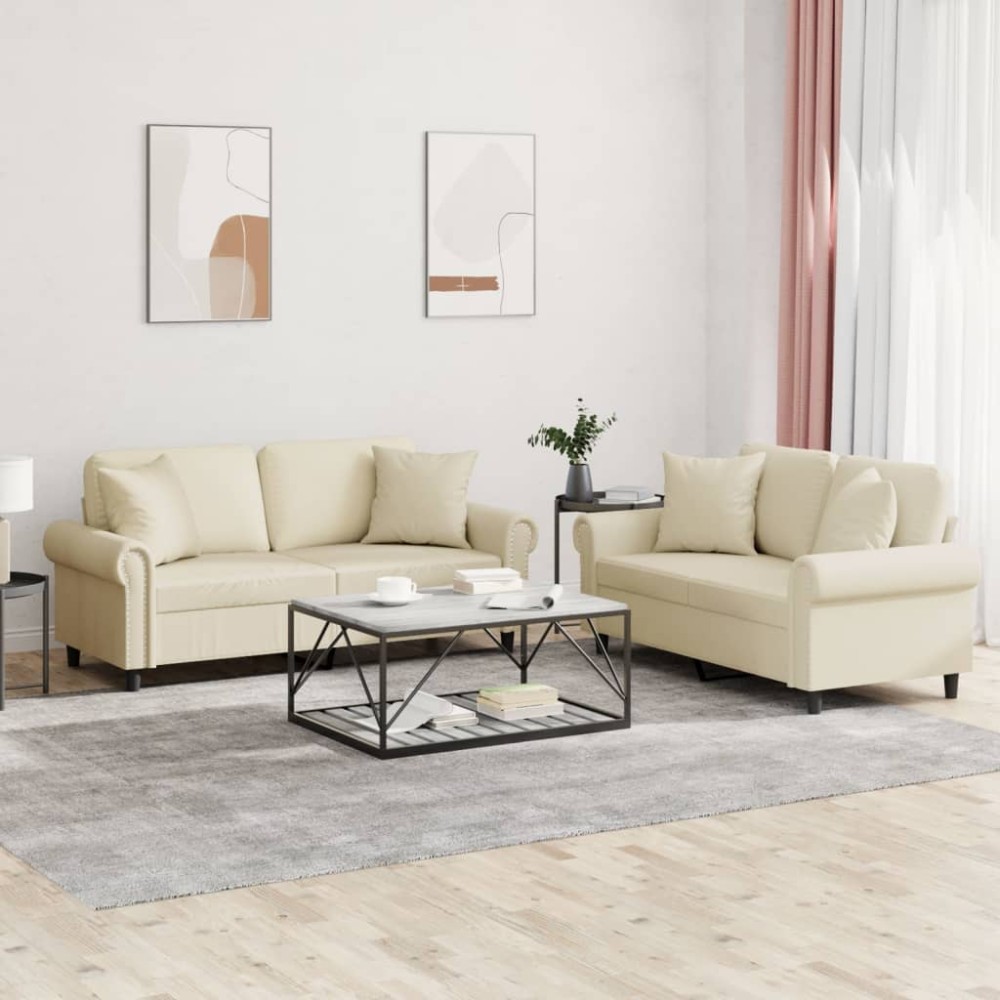 vidaXL Set de canapele cu perne, 2 piese, crem, piele ecologică