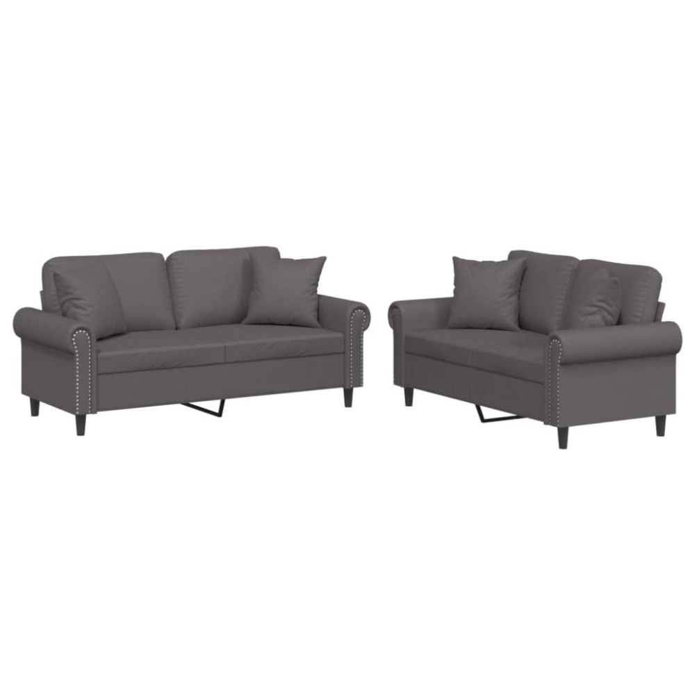 vidaXL Set de canapele cu perne, 2 piese, gri, piele ecologică