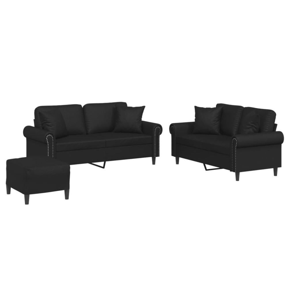 vidaXL Set de canapele cu perne, 3 piese, negru, piele ecologică